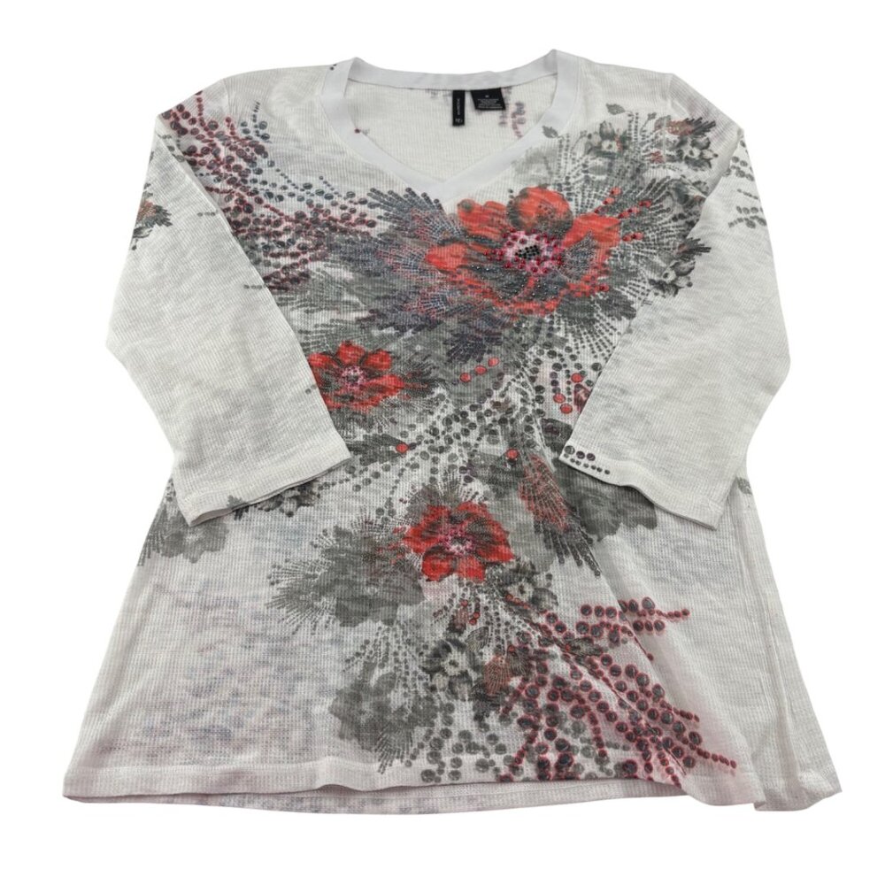 New Directions Womens Floral Print‎ Top M White Gray Red Polyester Cotton